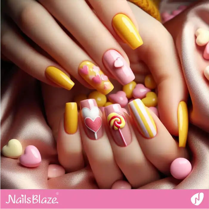 Pink and Yellow Candy Nails for Valentine's Day | Valentine Nails - NB2192